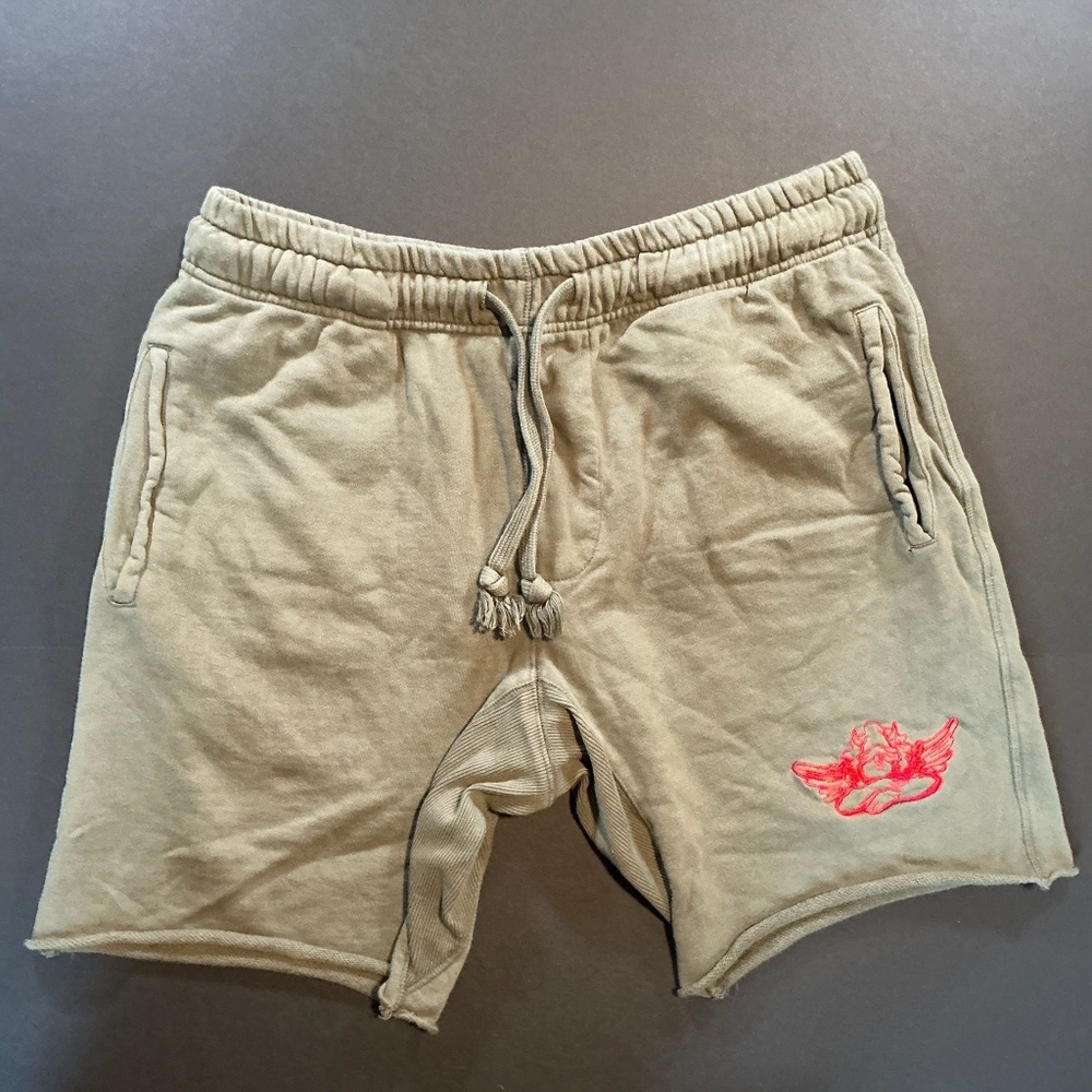 Boys Lie Angel Embroidered Sweat Shorts Olive Green Size M